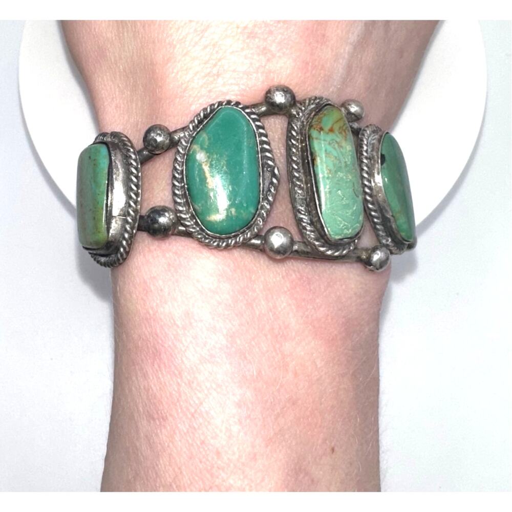 Navajo Native American vintage sterling silver 5 green turquoise cuff bracelet - Picture 5 of 10